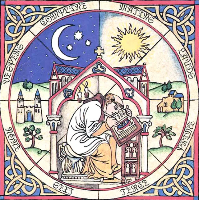 Illuminated wheel of the canonical Hours: a scribe at his desk, sun and moon above, the eight Hours named around the rim.